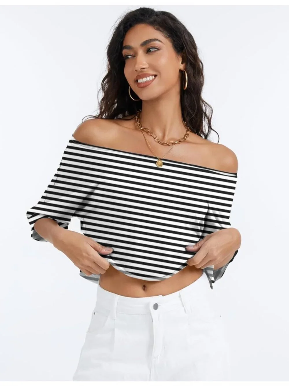 Women Black White Striped Short Sleeve Off The Shoulder Boat Neck Loose Crop Top